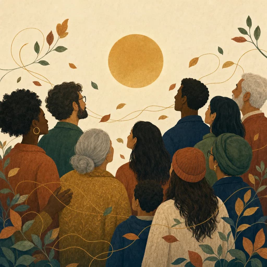 A frieze of diverse people connected by golden threads of shared ideas