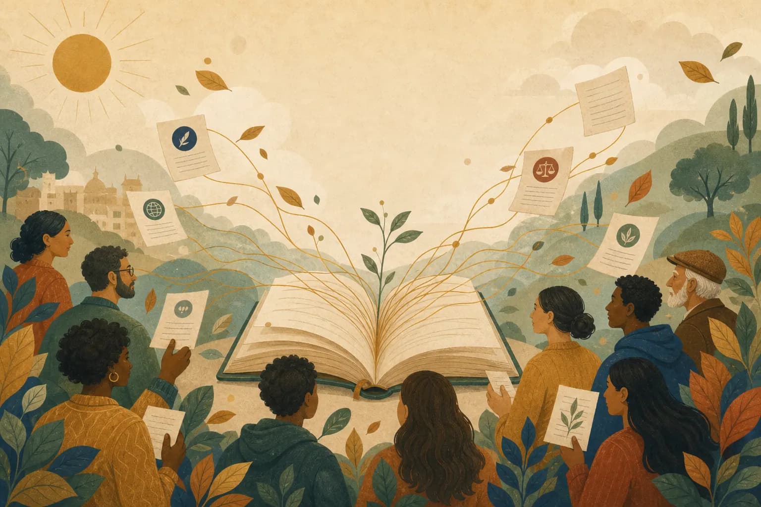 A diverse community gathered around an open book, ideas rising as leaves and golden threads